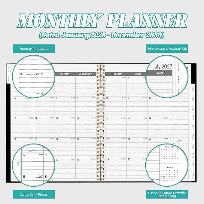 2026-2030 Monthly Planner 5 Year Monthly Planner/Calendar 2026-2030, Jan 2026 – Dec 2030, 9" x 11", Tabs, Double-Side Pocket, Holidays, Thick Paper