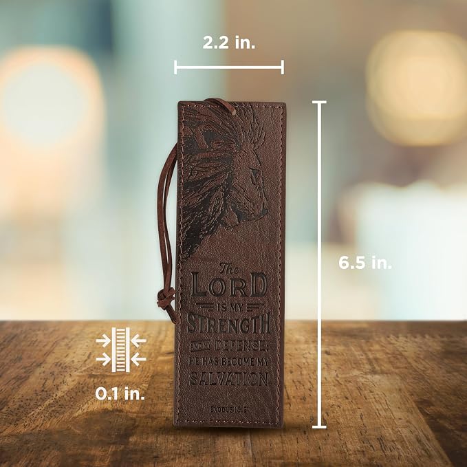Christian Art Gifts Premium Vegan Faux Leather Scripture Bookmark for Men: The Lord Is My Strength - Exodus 15:2 Inspirational Bible Verse Heat-Debossed, Faith-Based Reading Accessory with Cord, Brown