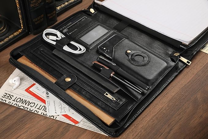 Leather Portfolio for 13-in iPad Pro M4/M5 & 13-in iPad Air M2/M3, Leather Padtfolio with ipad Holder for Letter Size Notepad, Personalized Padfolio for Men - Oil Black
