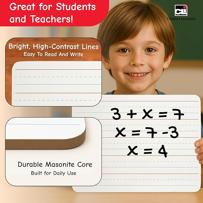 Charles Leonard Dry Erase Board Classroom Pack - Mini Lapboard School Supplies – Set of 12 One-Sided Lined Dry Erasable White Boards, 9x12 Inches (35115)