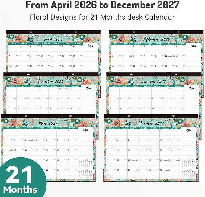 Forvencer Desk Calendar 2026-2027, 21 Months Calendar Runs from April 2026 to December 2027, 17" x 12" Large 2026 Wall Calendar Monthly Planner with Plastic Cover for Home School Office