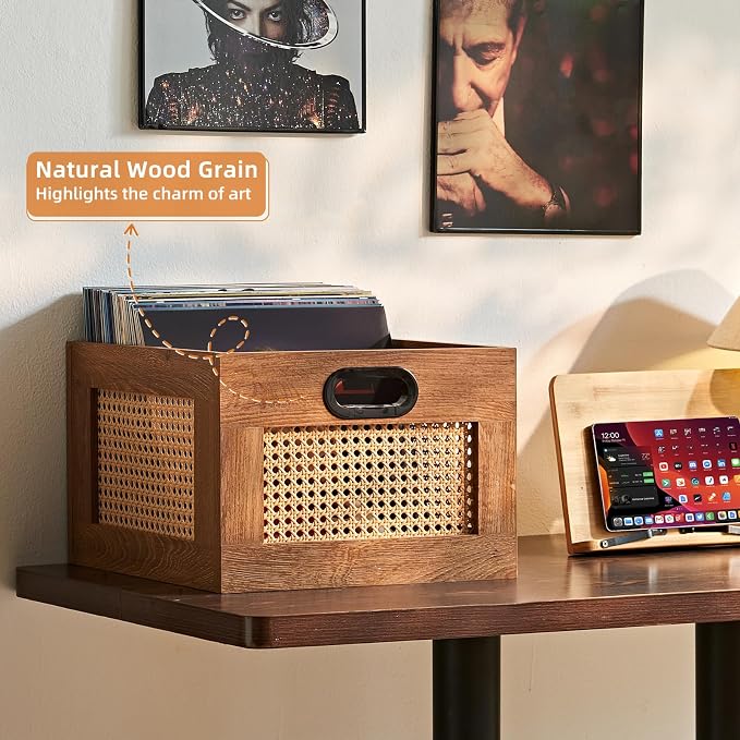 LELELINKY Vinyl Record Storage Crate, Rattan Vinyl Record Holder with Handle, Wood Record Crate for Vinyls Holder up to 75 LP's, Desktop Cube Album Storage for Vinyls Records(Tea Brown)