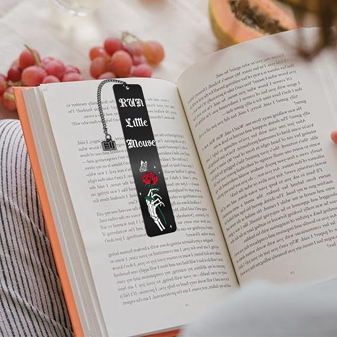 Dark Romance Gothic Metal Bookmarks: Skeleton Rose Book Mark with “Run Little Mouse”, Dark Romance Merch for Reading Women, Bookish Gifts for Woman Girls Book Lovers School Office Supplies