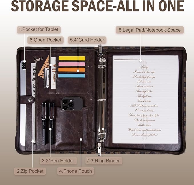 Calfinder Zipper Portfolio Binder,Leather Portfolio 3 Ring Binder,Brown Padfolio for Women and Men,Portfolio Organizer for Documents,Ipad,Card,Legal Pad Holder for Interview (Brown-Grid, Standard)