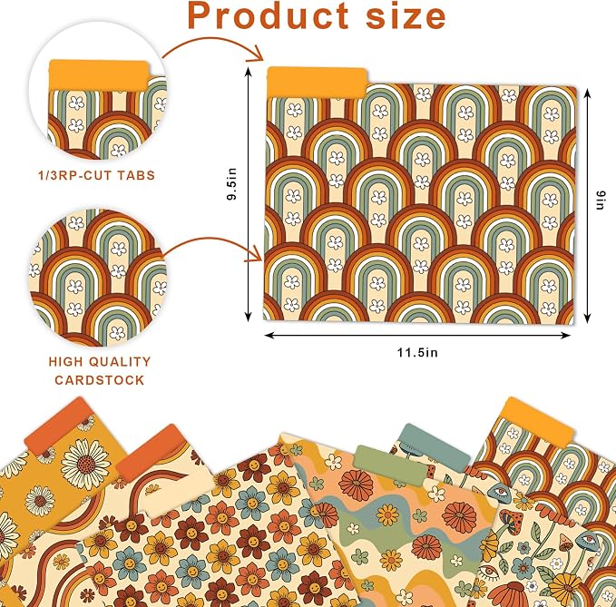 FYSUIMU Boho Floral File Folders 12 Pack Retro Rainbow Flower Letter Size File Pockets with 1/3 Cut Tab for Office Classroom Files Organizer, 9.5 x 11.5 Inch