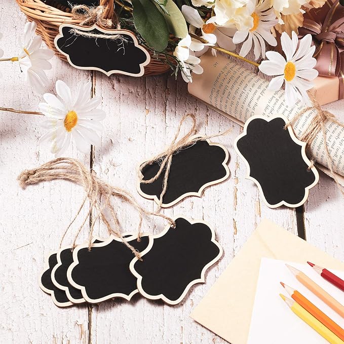 24 Pieces Mini Chalkboard Tags with String Wooden Hanging Chalkboard Signs 3.35 x 2.36 Inch Erasable Chalk Board Labels Small Blackboard Tags Massage Tag Boards for Gifts Crafts Price Food