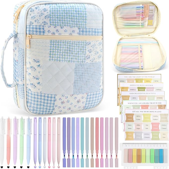 Bible Cover Case Study Supplies for Women Gifts Large Bible Cover with Highlighters Pens Tabs Cute Quilted Carrying Case Journal Kit Accessories Christian Gifts Sticky Notes D