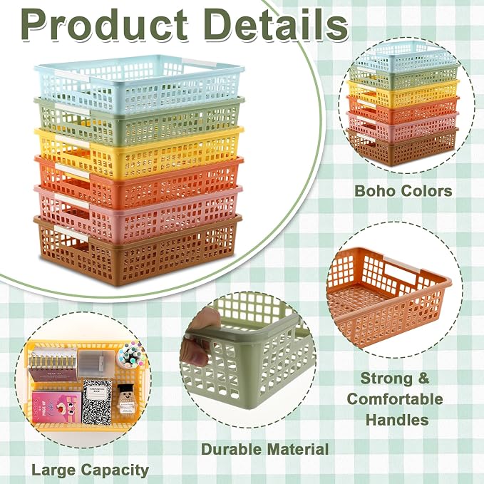 6 PCS Plastic Classroom Turn in Paper Trays Storage Bin Basket Organizers Holds 4A Paper File for School Teacher Supplies Classroom Office Home Organization and Storage Tray (Boho)