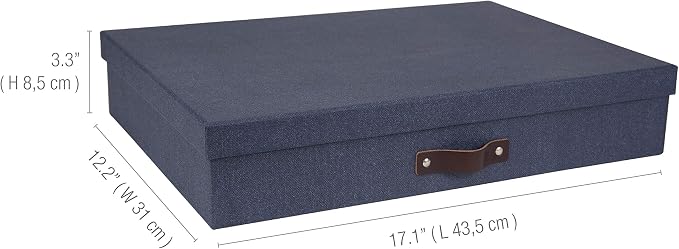 Bigso Sverker Canvas Fiberboard Legal and Art Storage Box | Scrapbook Storage Box for Loose Papers and More | Durable Document Boxes with Lid and Leather Handle | 17.1’’ x 12.2’’ x 3.3’’ | Blue