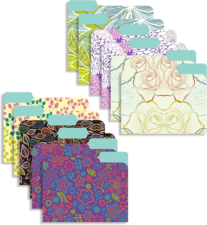 New Generation - 12 Pack Decorative 1/3 Cut Tab File Folders with Patterns Designs, Heavyweight, Letter Size (9.5" x 11.5") Laminated, Fashion Folders, for Home or Office. (Floral)