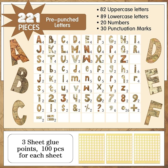 221 Pcs Travel Around The World Bulletin Board Letters, Round Alphabet Number Punctuation Symbol Combo Letter Cutouts, Vintage Classroom Decor for School Chalkboard Poster Bulletin Board Wall