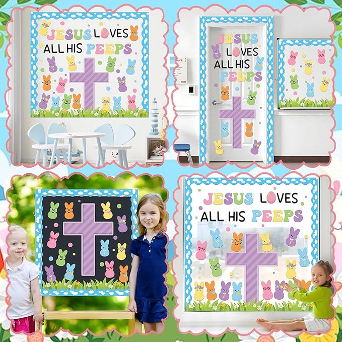 Easter Christian Bulletin Board Set Jesus Loves All His Classroom Decorations Bunny Cross Eggs Religious Bulletin Board Cutouts for Easter Spring Sunday School Church Chalkboard Decor Supplies