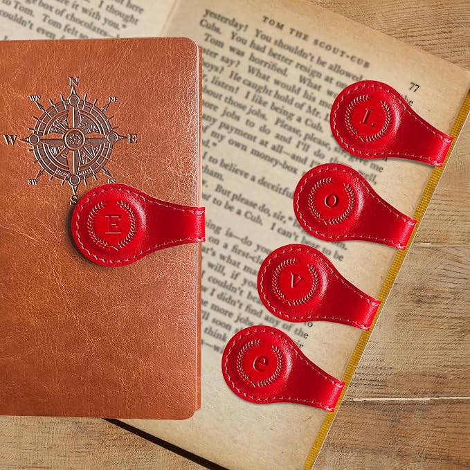 Leather Magnetic Bookmarks, 3D Embossed Alphabet Initial Letter Bookmark, Cute Page Markers for Books, Journals, Planners, Bible, Small Reading Gifts for Women Men, Teachers, Students (Red E)