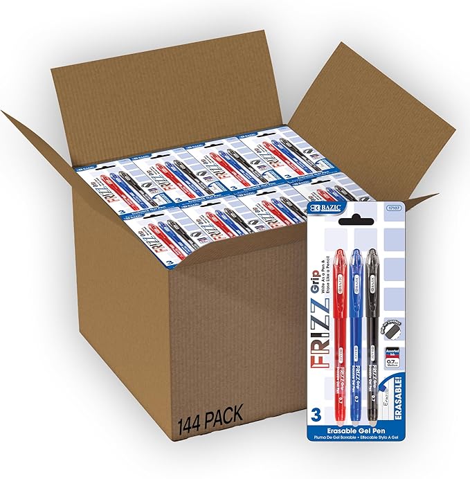 BAZIC PRODUCTS Frizz Erasable Gel Pens, 0.7mm Medium Point, Assorted Colors Ink, Comfort Grip for Smooth Writing Drawing Planner, 144-Pack