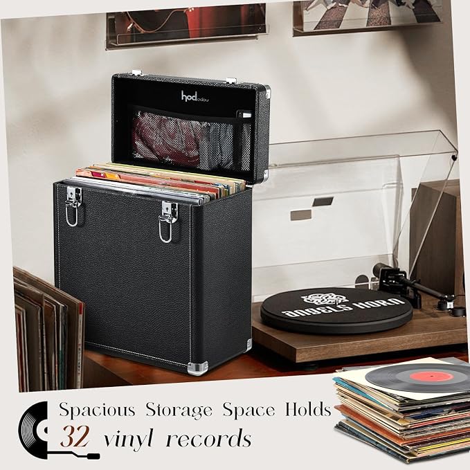 Hododou Vinyl Record Storage Box with Lock Record Organizer Storage for 30+ Single Records 12-inch Water Resistant Collapsible Storage Crate with Lid Handle Mesh Pouch for Valuable Album Collection