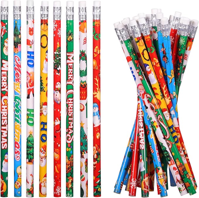 Christmas Pencils Xmas Wood Pencil with Eraser Snowman Pencils Santa Elk Assorted Christmas Stationery Pencil, 8 Styles(24)