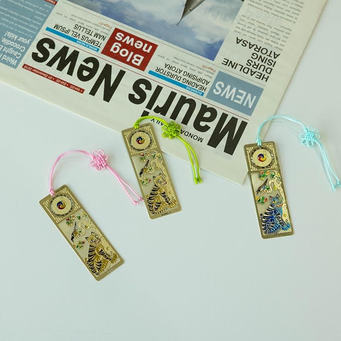 Korean Tiger Bookmark Set 3 Pack with Tassels Blue and Gold Metal Page Holder Reading Accessories for Book Lovers Cute Bible Bookmark Gift 1x3 Inch (Gold Tiger)