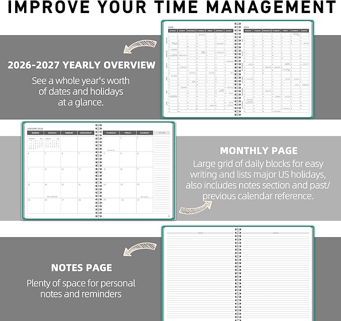 Monthly Planner Jan 2026 - Dec 2027, Monthly Planner for 24 Monthes, 9×11 Inch, Teacher Monthlys, Hard PVC Cover, Spiral Bound, Time Management Calendar, Perfect for School & Office (Blue)