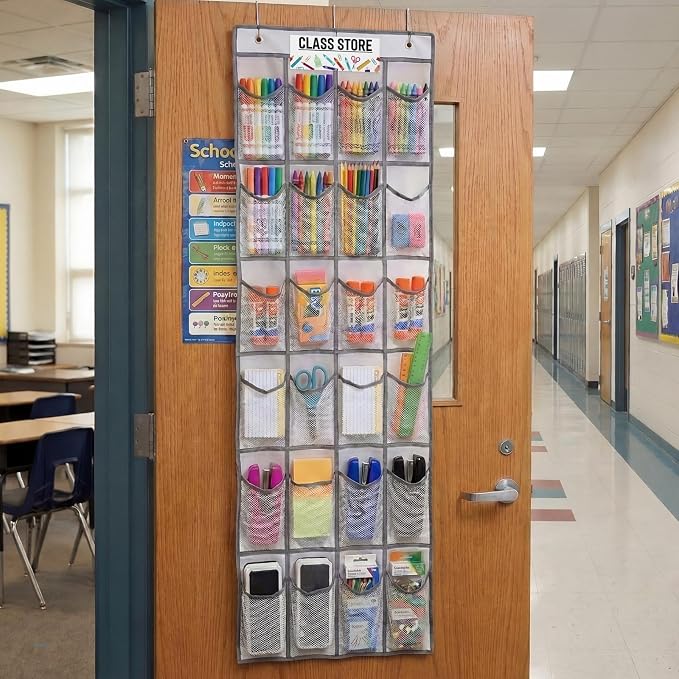 24 Pocket Classroom Organizer Teacher Incentive Reward Chart Treasure Wall Display for Teacher over The Door Hanging Storage Prize Chest Holder Mesh Fabric with Label Cards for Class Store Prize