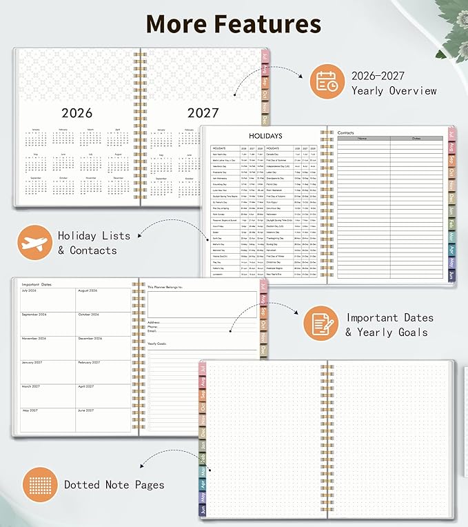 Academic Planner 2026-2027, Weekly and Monthly Calendar Planner from July 2026 - June 2027, 6.1" x 8.2" A5 Large Daily Agenda Book with Tabs, Flexible Cover, College School Organizer for Student Teacher,Aesthetic Leaf