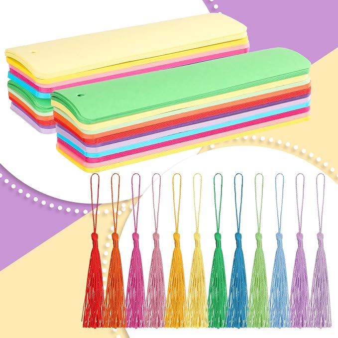 Sinmoe 120 Pcs Blank Paper Bookmarks Cardstock Colorful Tassels Craft DIY Bookmarks Bulk for Classroom Projects Gifts Tags Crafts 1.89 x 5.51 Inch (Solid Color)
