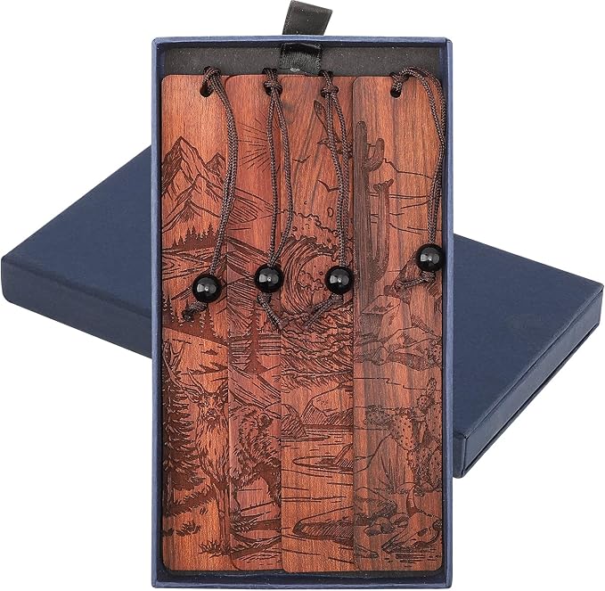 4Pcs Wood Bookmark for Men Father's Day, Adventure Scenery Wooden Carving Book Mark Gift for Men Boy Book Lovers