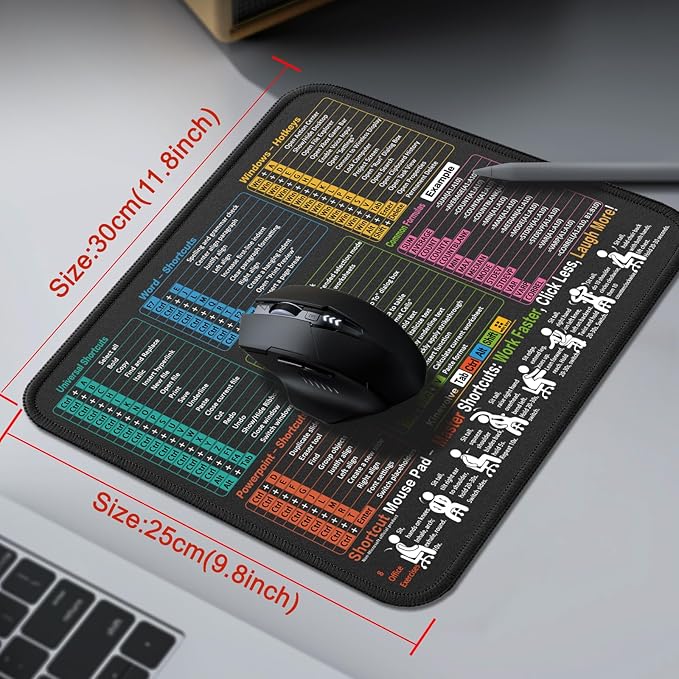 Kinevolve Mouse Pad for Excel/Word/PowerPoint/Windows Shortcuts – Small Excel Cheat Sheet Desk Pad – 11.8"x9.8" Portable Computer Mousepad – Gaming, Office, Waterproof, Non-Slip, Stitched Edges