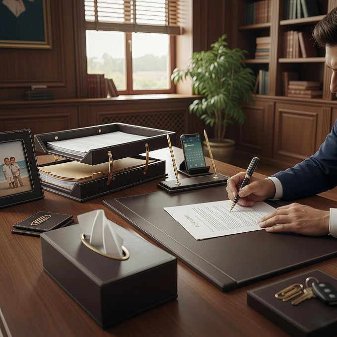 Leather Desk Set, 11-Piece All-in-One – Executive Desk Accessories & Office Supplies,Desk Organizer with Desk Pad & Blotter, 2-Tier Letter Tray, Luxury Office Desk Decor & Boss Gifts (Brown)