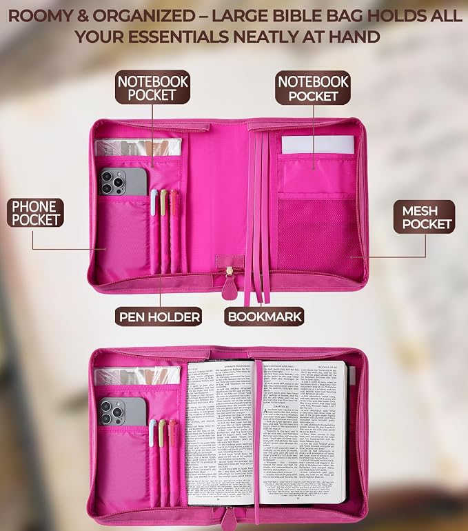 Vegan Leather Bible Cover Case, Bible Bag with Phone Pocket, Bible Case for Men Women, Christian Gift Box Packaging (Rose)