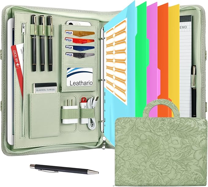 Leathario Portfolio Binder, Includes 5 Folder Index Dividers, 13 Inch Tablets Organizer with Handle, Vegan Leather A4 Padfolio, Multi-Pocket Notepad Business Planner Professional Document