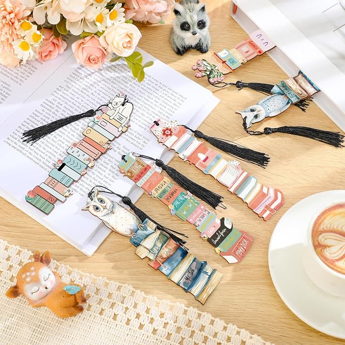Colarr 12 Pcs Wood Bookmarks for Woman Book Club Gift for Book Worms Books Lovers Bookmarks Bulk with Tassels for Reading Party Favors Books Exchange Club Men & Women Friends(Modern)
