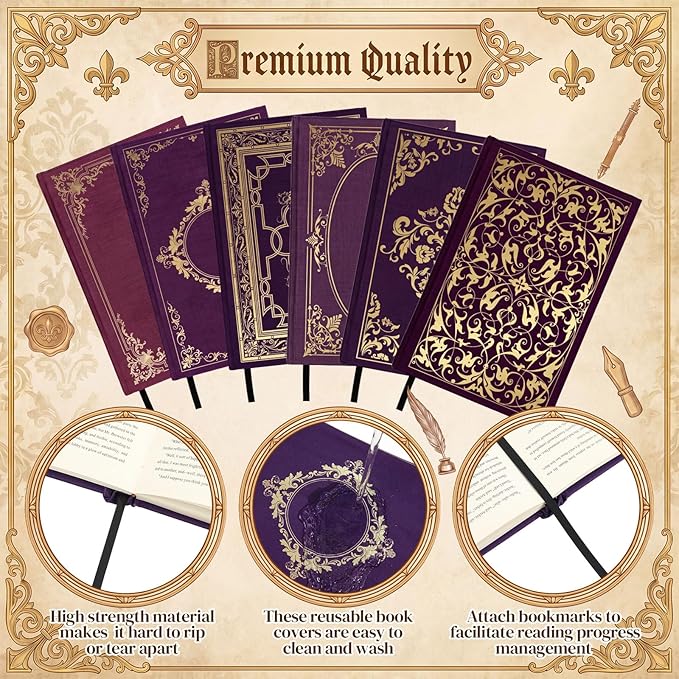 Gilprop 6 Pack Vintage Book Cover 9 x 11 in Jumbo Stretchable Book Cover for Most Hardcover Fabric Reusable Washable Protective Covers for Textbooks(Vintage Purple)