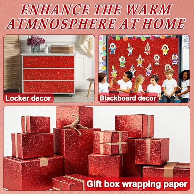 Glitter Bulletin Board Paper Roll Sparkle Wrapping Paper Bulletin Board Decor Glitter Poster Gift Wrapping DIY Art Crafts Wallpaper Background for Home Office Classroom Decor 17" x 20ft, Deep Red