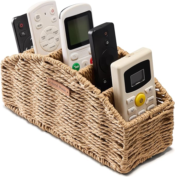 Handwoven Remote Control Holder Basket, Boho Desk Organizer with 5-Compartment Storage TV Remotes, Office Supplies for Living Room, Bedroom, Office