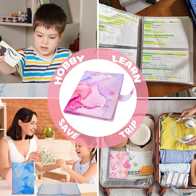Receipt Organizer Picture Album Binder Holding Coupons Business Cards with 104 Pockets, Potable Accordion Binder 6.7x4.8inches for Storage Details Organizer - Marble Pink