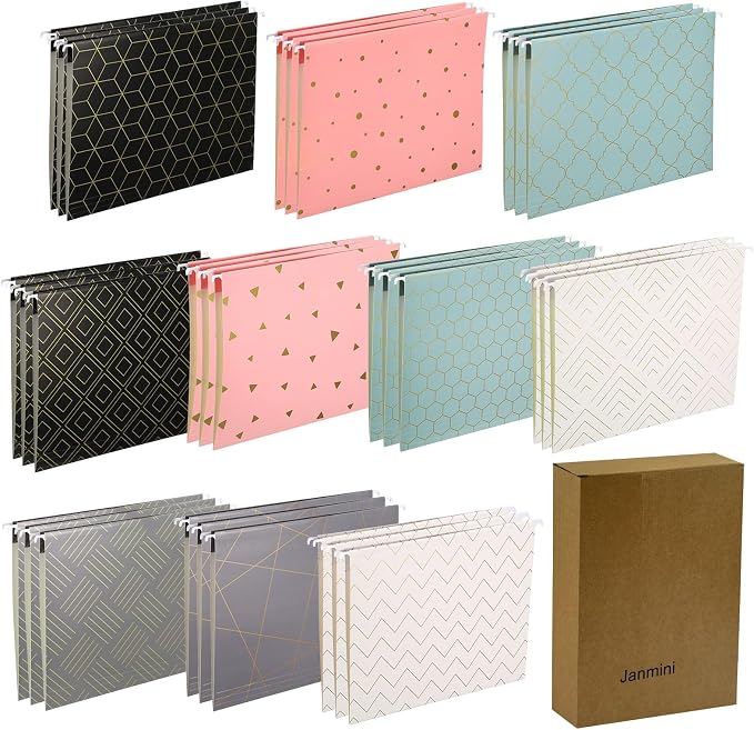 30 Pcs Geometric Hanging File Folders, Including Adjustable Tabs and Inserts, Letter Size Decorative Hanging File Cabinet Inserts Organizer for Desk Office, 5 Colors Gold Foil Designs