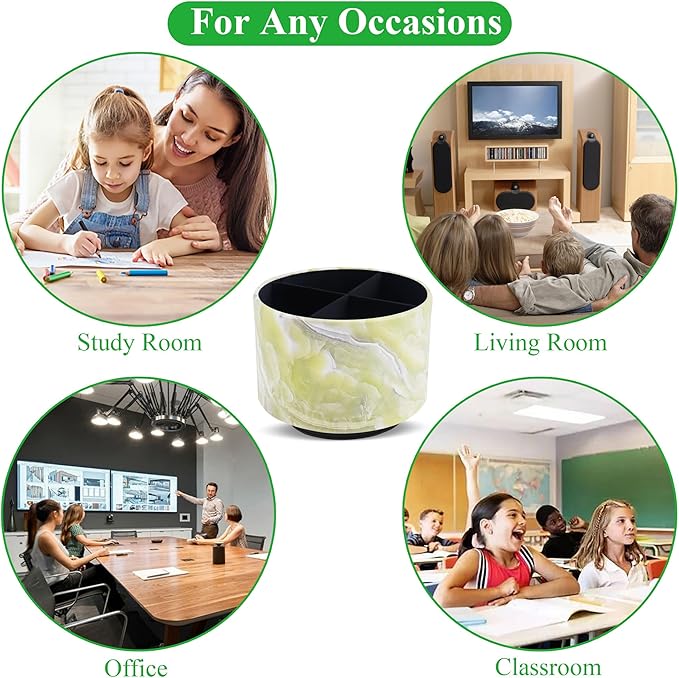 Round Leather Art Supply Organizer,Remote Control Holder,360-degree Rotating Pen Organizer with 4 Compartments(1-Marble Geen)