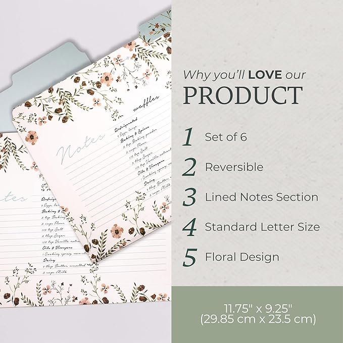 Steel Mill & Co Thick Sturdy File Folders Decorative, Set of 6 File Folders with Tabs and Sticker Labels, Cute Colored File Folders Letter Size with Notes Section, Woodland Floral