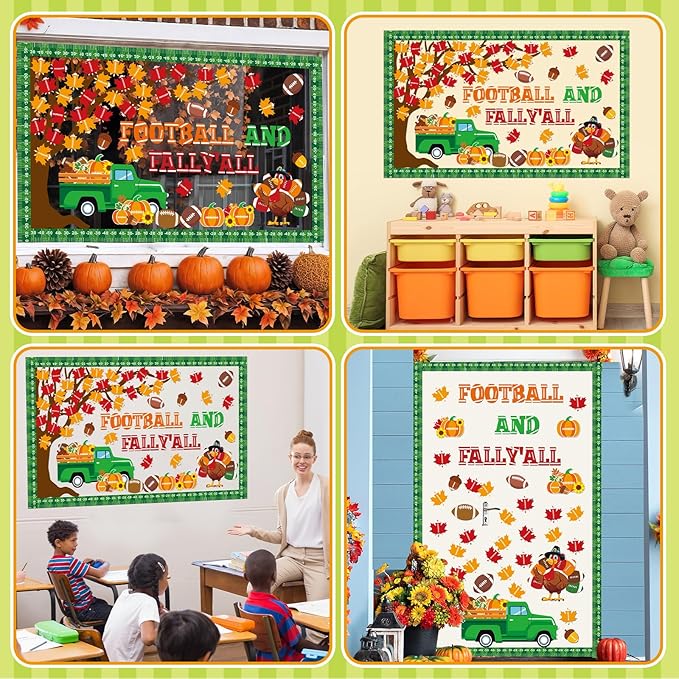 Fall Thanksgiving Football Bulletin Board Set Sports Classroom Decorations Autumn Maple Leaves Pumpkin Paper Cutouts Football Bulletin Board Border for Chalkboard Classroom Door Wall Sport Supplies