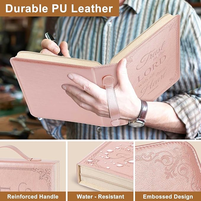 Large Bible Cover Case for Men Women, Mens Bible Covers Cases Leather Bible Cover Carrying Case for Women Men with Handle Zippered Bible Book Cover Holder Bag Case(Rose Gold, L)