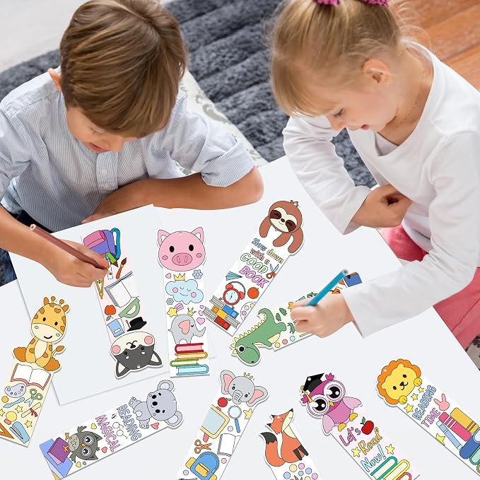 140PCS Color Your Own Bookmarks, 14 Styles Animal DIY Coloring Blank Bookmarks for Kids, Cartoon Animal Unfinished Page Marker for Reading Lover, Party Game Prize Classroom