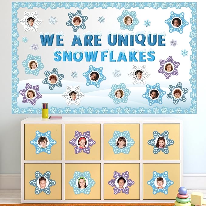 QOUBAI Winter Bulletin Board Decorations Snowflakes Paper Cutouts DIY Photo Crafts Christmas Bulletin Board Set for Winter Holiday Classroom Chalkboard Wall Door Decor Home School Supplies