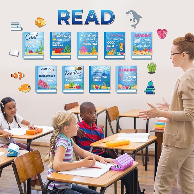 Under The Sea Reading Bulletin Board Poster for Classroom Motivational Dive Into Reading Bulletin Board Ocean Blue Animal Cutouts Elementary Educational Prints Poster for Teachers Preschool Library
