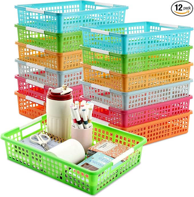 12 PCS Plastic Classroom Turn in Paper Trays Storage Bin Basket Organizers Holds 4A Paper File for School Teacher Supplies Classroom Office Home Organization and Storage Tray (Bright)
