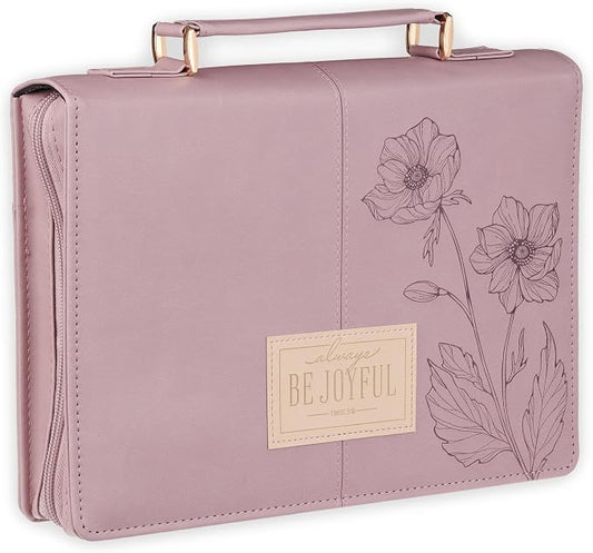 Christian Art Gifts Premium Fashion Vegan Leather Bible Cover for Women: Be Joyful Inspirational Bible Verse, Easy Carry Book Case, Dusty Mauve, Large