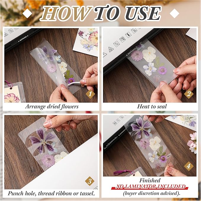 Fuyoooo 376 Pcs Dried Flower Bookmark Making Kit, DIY Bookmark Laminating Pouches with Tassels and Puncher, Handmade Craft Kit for Women, DIY Gifts for Book Lovers (Purple,2 x 8 Inch)