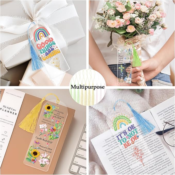 Dazoratix Acrylic Bookmark Making Kit - 60 Pcs Cute Clear Bookmarks Blanks Inspirational Reading Accessories Colorful Floral UV DTF Valentines Stickers Tags for Women Kids Book Lovers DIY Craft Gifts