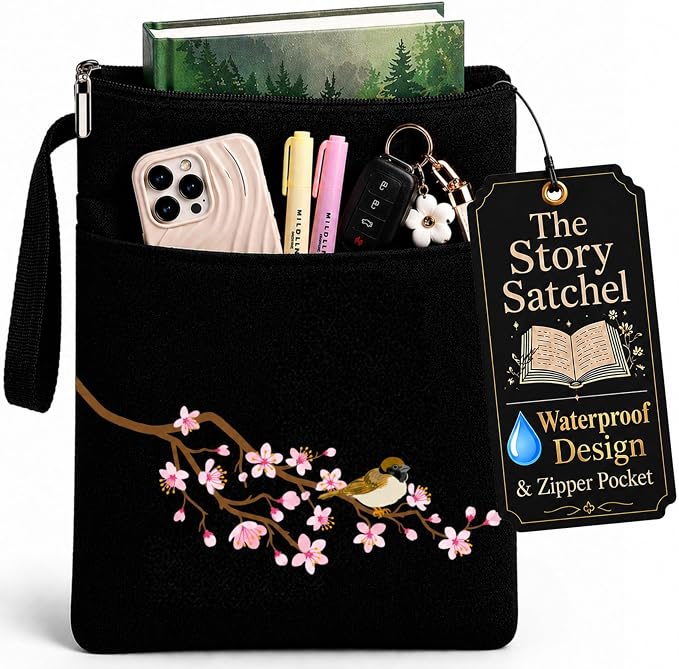The Story Satchel Book Sleeve with Spacious Front Pocket - A Waterproof Protector Book Bag Pouch with Zipper - Perfect Book Lovers Gifts for Hardcover or Paperback (Bird Black)