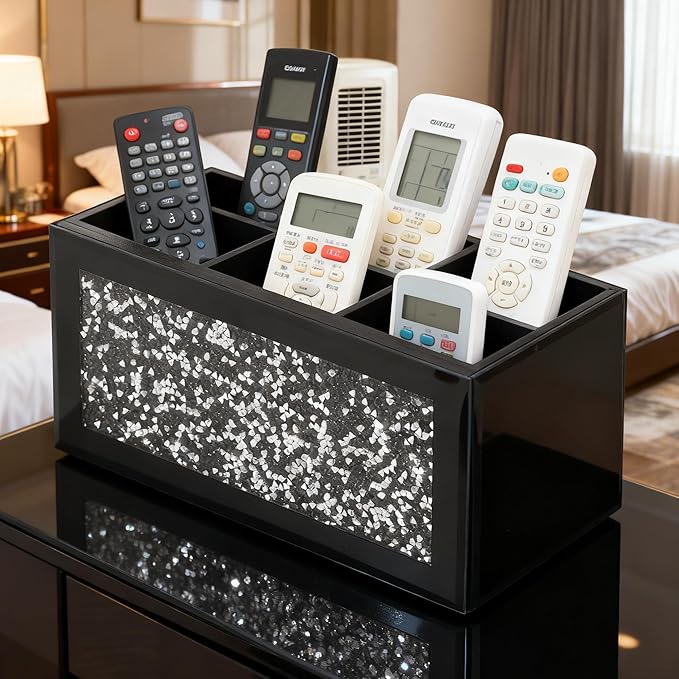 SHYFOY Glass Remote Control Holder with 6 Compartments TV Remote Caddy Storage Box,Desktop Organizer Store Controller,Glasses,Brush,Media Player,Pen,Space Saver for Bedside Table/Office Desk(Black)