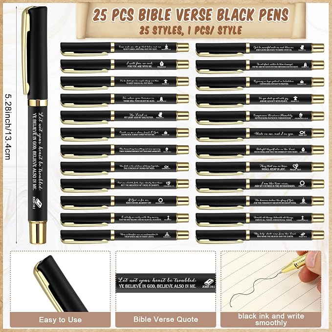 TecUnite 25 Sets Father's Day Christian Church Gifts Bulk for Men Bible Verse Gel Pens Religious Silicone Wristband Emergency Numbers Bookmarks for Coworker Nurse Teacher Women(Black)